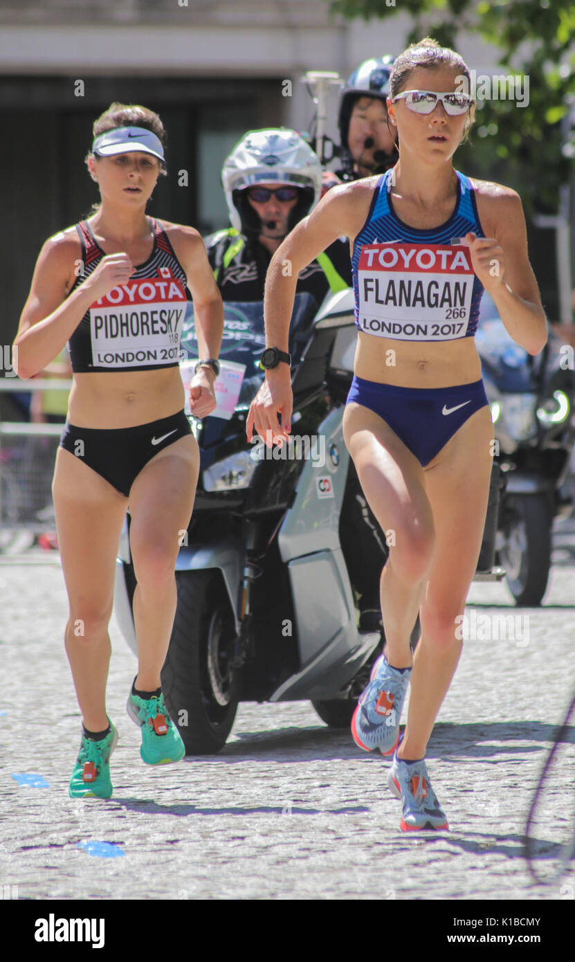 6 Aug '17 London:`American and Canadian athletes Lindsay Flanagan and Dayna Pidhoresky competes in 2017 World Athletics Championship women's marathon Stock Photo